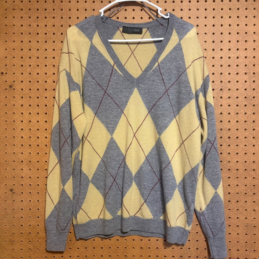 Zara Argyle Sweater S Grey Yellow 100% Wool V-Neck Preppy Dark Academia Mens